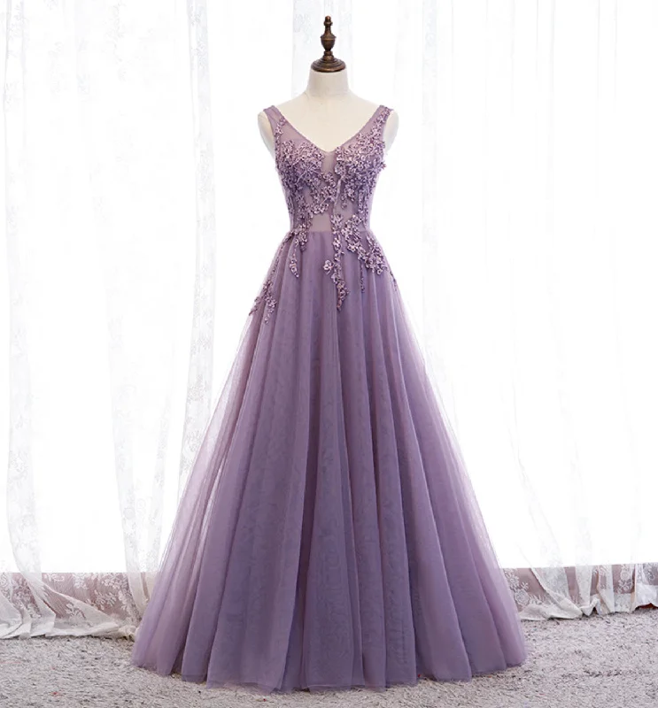 Smock dresses for womenPurple v neck long A line prom dress lace evening dress  8586