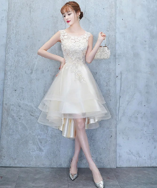 Maxi dresses for womenChampagne tulle lace high low prom dress party dress  8420