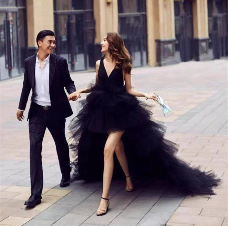 High-low hem dresses for womenBlack tulle long prom dress party dress  8292