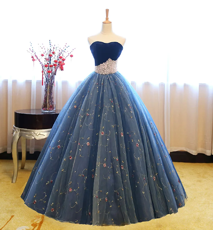 Synthetic dresses for budget-friendly optionsBlue tulle lace long ball gown dress blue evening dress  8622