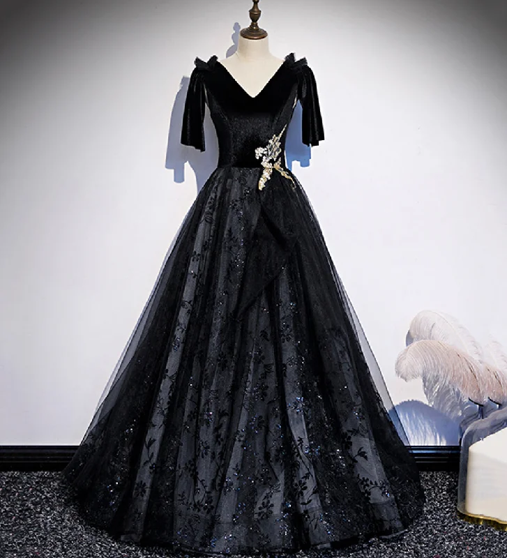Silk dresses for womenBlack velvet lace long prom dress evening dress  8502