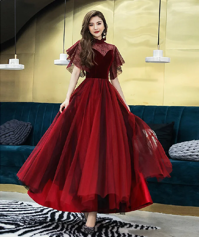 High-slit dresses for womenBurgundy velvet tulle prom dress burgundy evening dress  8380