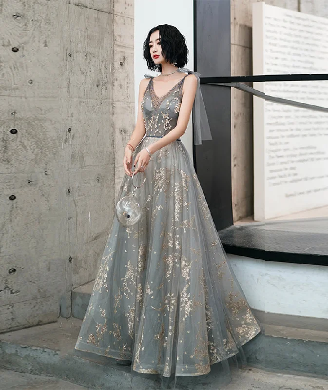 Checkered dresses for womenGray v neck sequins long prom dress evening dress  8490