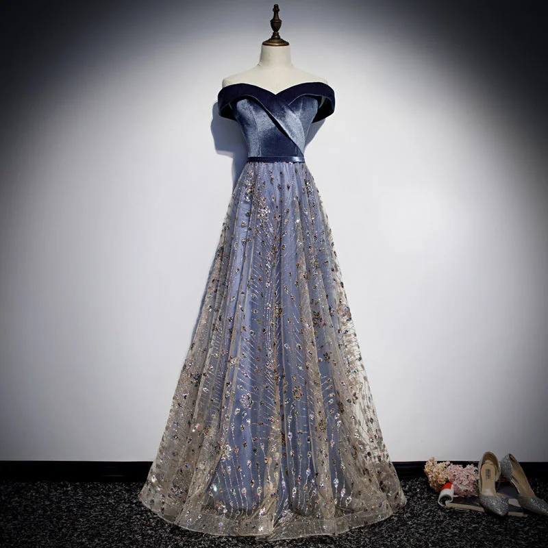 High-slit dresses for womenBlue velvet tulle long prom dress blue evening dress  8465