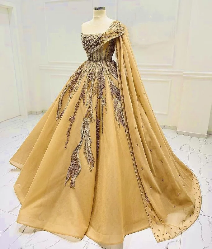 Vintage women's dressesGolden Yellow Gorgeous Exquisite Beaded Long Tulle Ball Gown Evening Dress gh3194