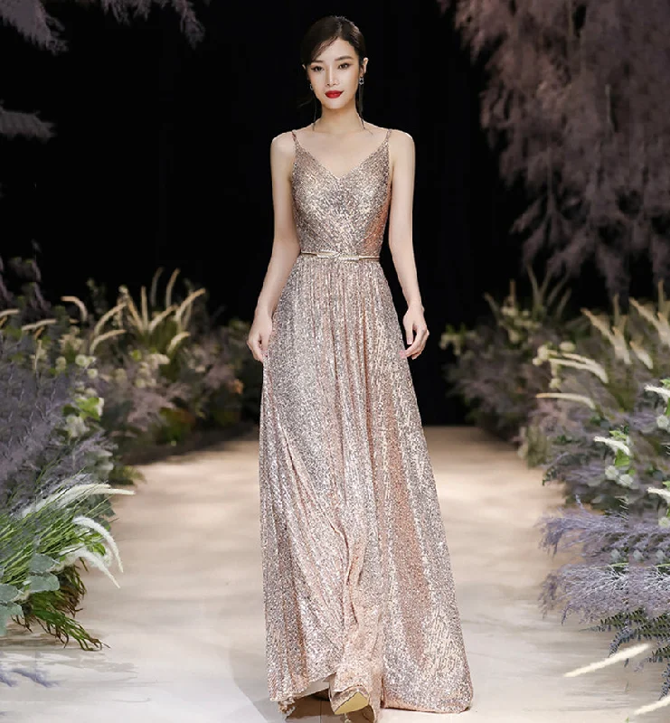 Bell sleeve dresses for womenShiny v neck sequins long prom dress evening dress  8371