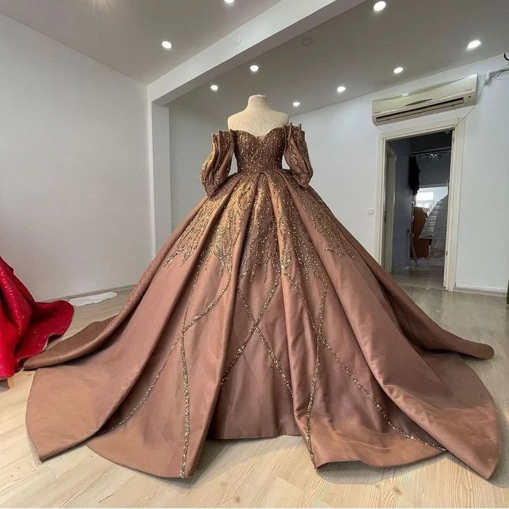 Elegant women's dressesBrown Gorgeous Shiny Exquisite Beaded Long Satin Floor Length Ball Gown Evening Dress gh3195