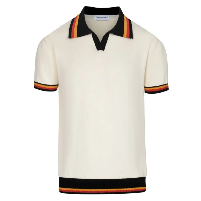 spring short-sleeved men's topsMen's vintage striped white apricot V-neck polo shirt