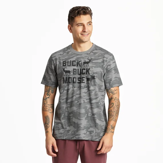 men's short-sleeved polo shirtsMen's Buck Buck Moose Allover Printed Crusher Tee