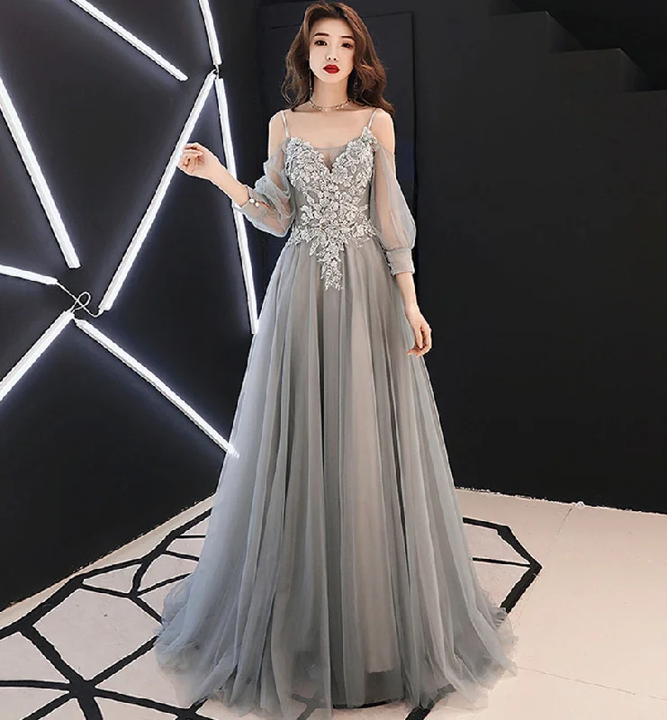 Strapless dresses for womenGray tulle lace long A line prom dress evening dress  8477
