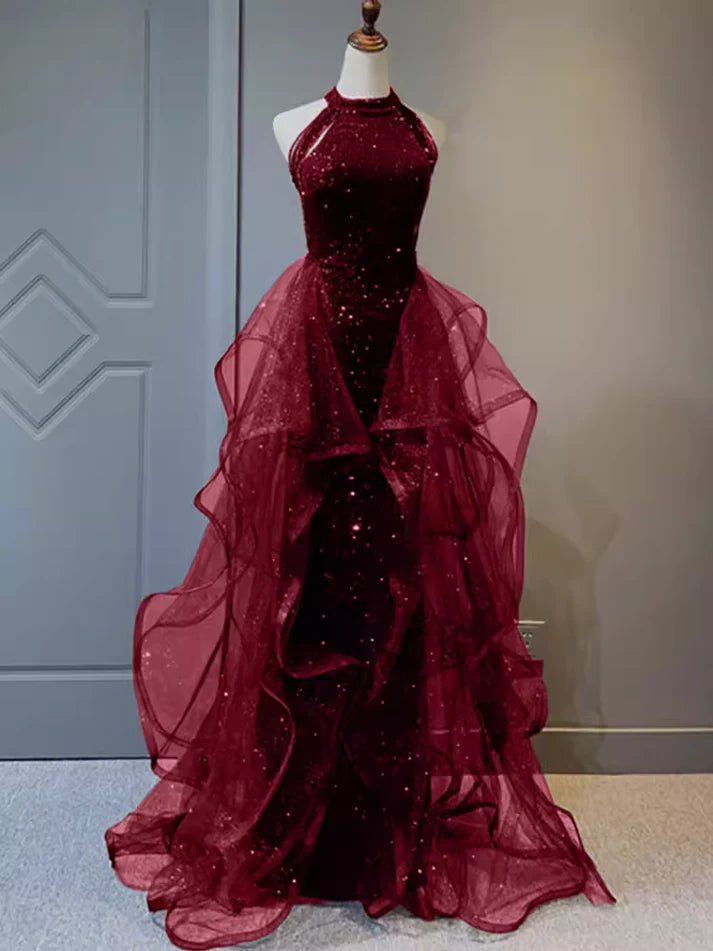 Spaghetti strap dresses for womenBurgundy/Black Shiny Bodycon Sequined Long Elegant Ball Gown Evening Dress gh3058