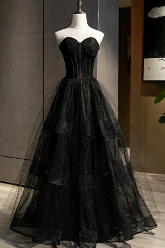 Custom-made dresses for personalized fitsBlack tulle long A line prom dress black evening dress  8684