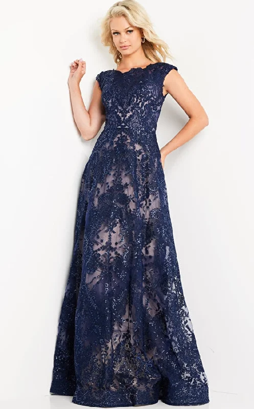 Transitional dresses for in-between seasonsJovani 09501 Navy Lace Long High Neck Evening Dress
