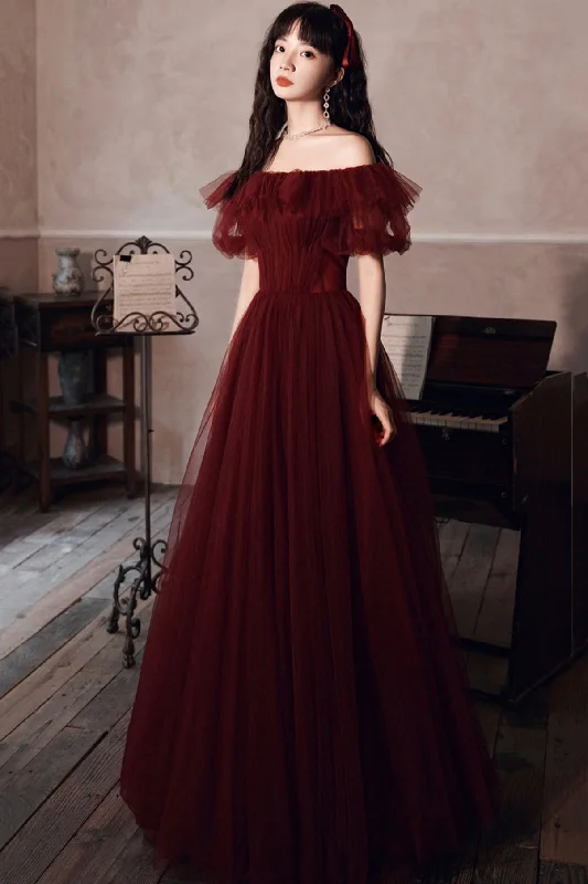 Cotton dresses for everyday wearBurgundy tulle long A line prom dress evening dress  8572