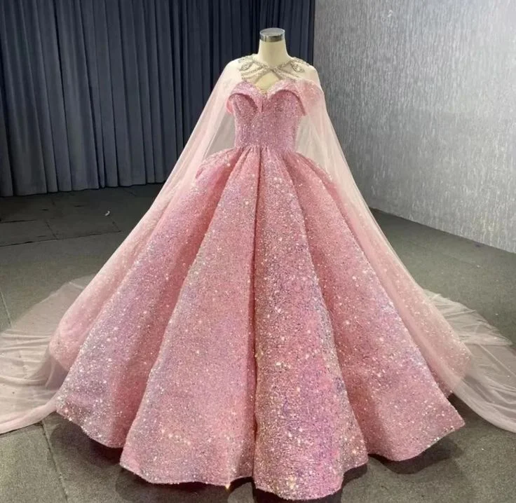 Sheath dresses for womenPink Gorgeous Shiny Tulle Rhinestone Cape Cape Long Sequined Ball Gown Evening Dress Coming of Age Dress gh3162