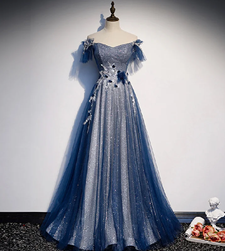 Vintage-inspired dresses for retro fashion loversShiny tulle sequins long prom dress blue evening dress  8429