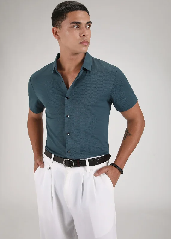 tops with ruffles for menSelf Pattern Cyan Stitchless Shirt