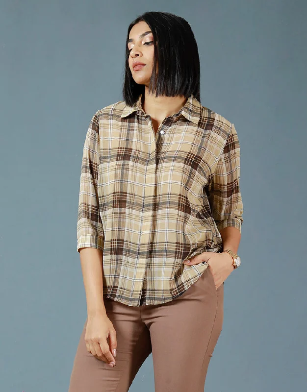 Spring women's tops¾ Sleeves Check Print Shirt Blouse