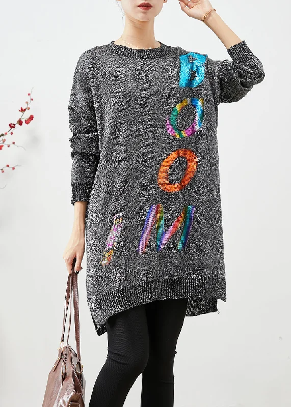 Designer women's sweaterItalian Grey Oversized Letter Print Knit Sweater Dress Fall