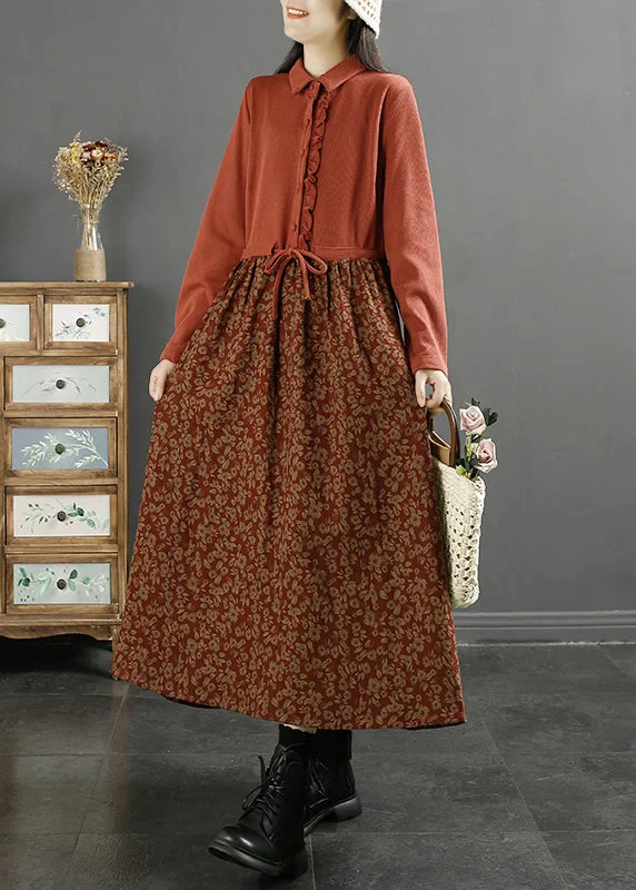 Designer dresses for high-end fashionOrange Button Tie Waist Cotton Dress Peter Pan Collar Fall