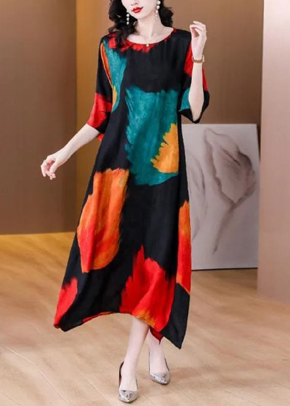 Silk dresses for womenElegant Colorblock O Neck Print Patchwork Silk Dress Summer