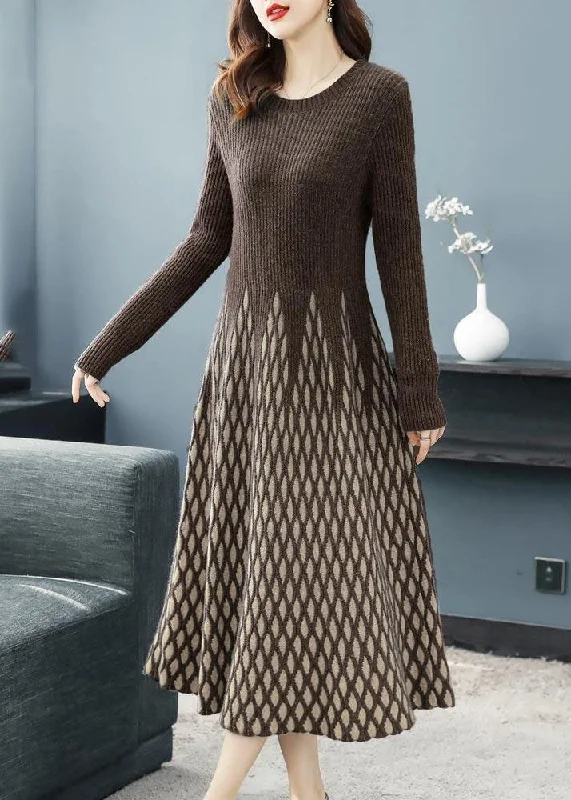 Faux fur women's sweaterChocolate Plaid Knit Sweater Dress Exra Large Hem Long Sleeve