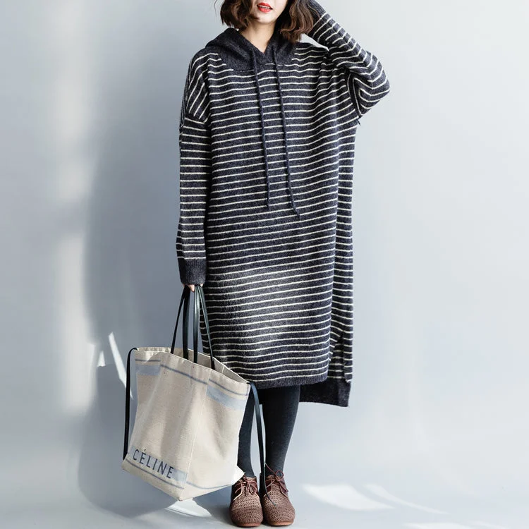 Lace women's sweaterVintage Sweater knit top pattern Moda hooded gray striped Mujer knit dress