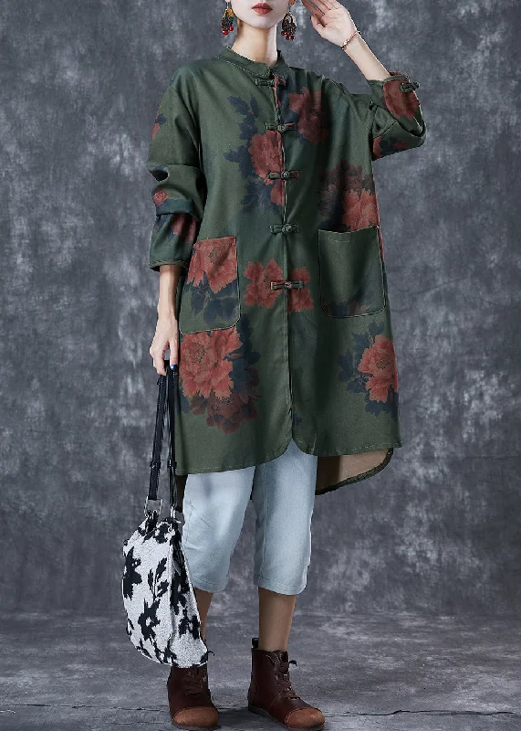 Halter neck women's topsVintage Blackish Green Print Chinese Button Linen Long Shirts Fall
