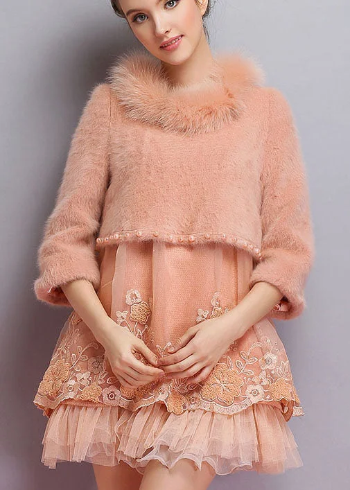 Chunky knit women's sweaterOrganic Pink Embroideried Nail bead fashion Winter sweaters Dress