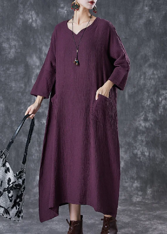 Low-cut dresses for womenStylish Purple Oversized Wrinkled Cotton Long Dresses Fall