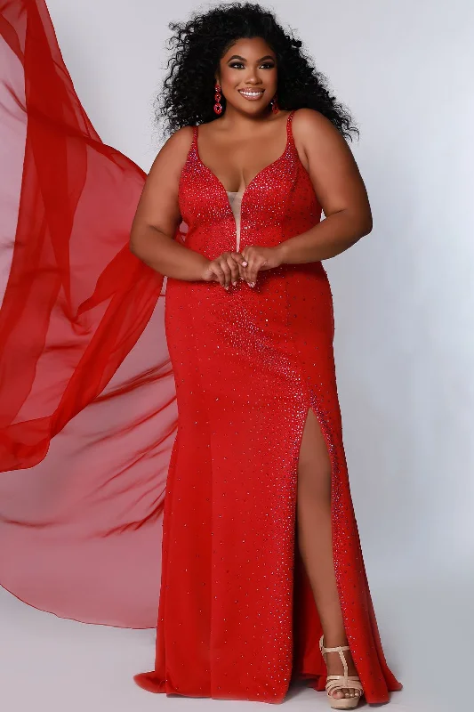 women's suit sets with stripesJohnathan Kayne Sydney's Closet JK2218 Red Size 14 Evening Gown with Cape Plus Size