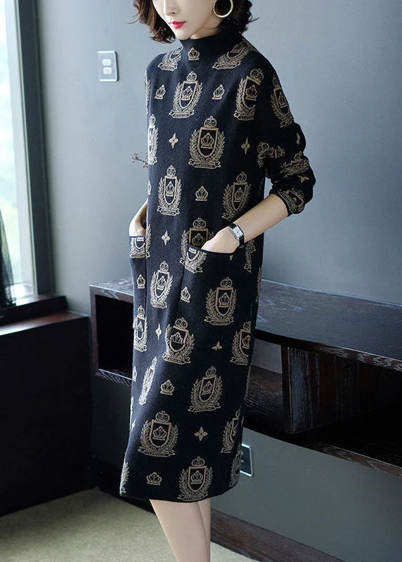 Animal print women's sweaterWomen Black High Neck Print Pockets Knit Sweater Dress Long Sleeve
