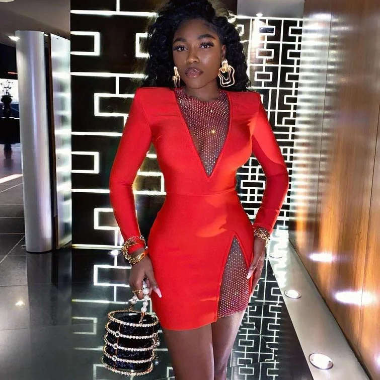 A-line dresses for womenV-neck Long Sleeve Rhinestone Mini Bandage Dress HL8411