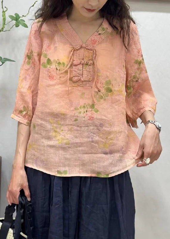 Lace-up women's topsElegant Pink Chinese Button Print Linen Shirt Half Sleeve