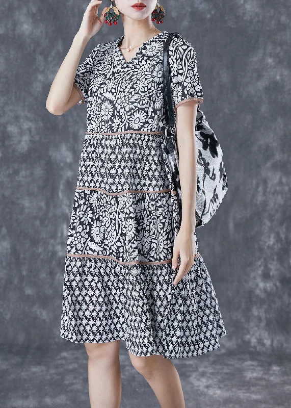 Evening gowns for formal eventsModern Black V Neck Patchwork Print Cotton A Line Dress Summer