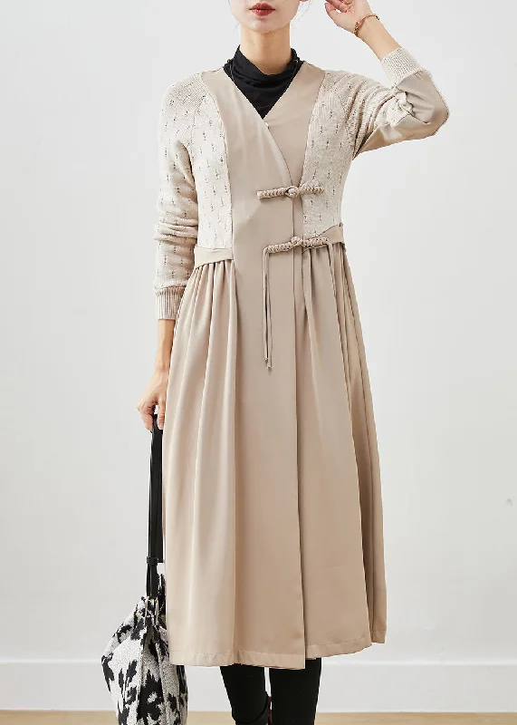 Handmade dresses for unique fashion statementsClassy Beige Chinese Button Knit Patchwork Cotton Long Dress Fall