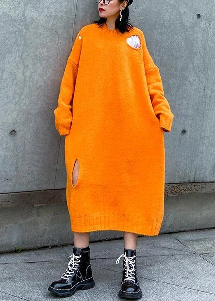 Pastel women's sweaterWinter orange Sweater knit dress Street Style o neck Hole Largo sweater dress