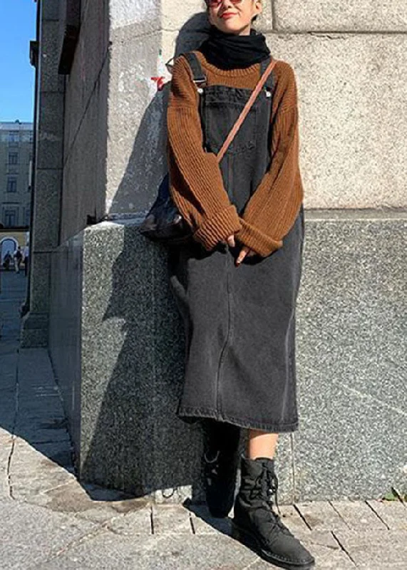 Short and sweet dresses for womenVintage Black Slash Neck Patchwork Button Denim Long Dress Fall