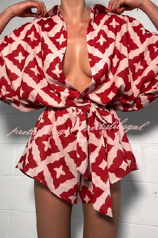 Scoop neck women's topsPorticia Linen Blend Unique Print Button Belted Loose Shirt Romper