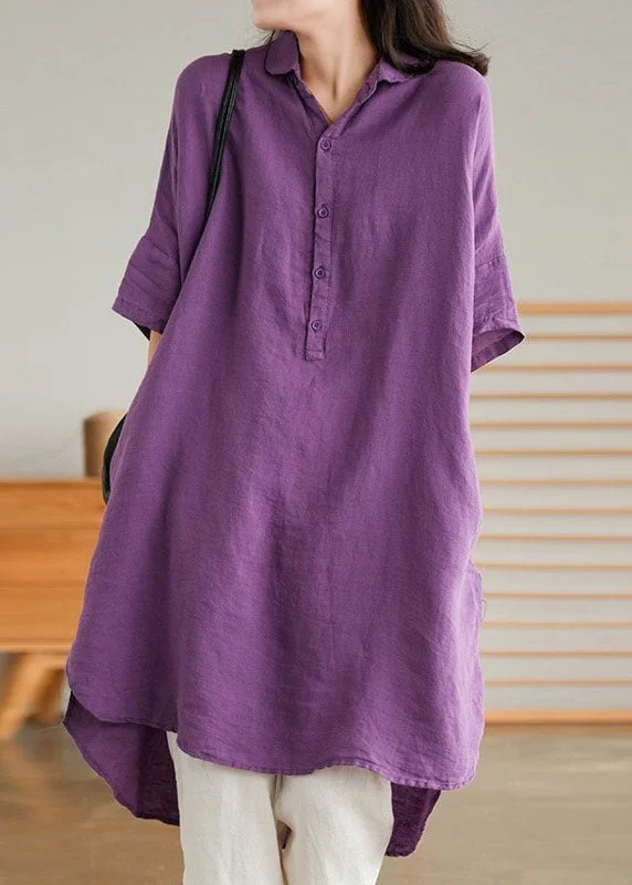 Workwear women's topsStyle Purple Peter Pan Collar Button Linen Shirts Summer