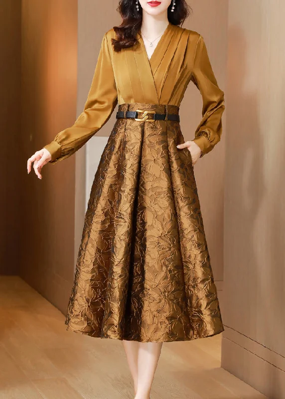 Dancewear dresses for performancesClassy Yellow V Neck Jacquard Tie Waist Patchwork Silk Dress Fall