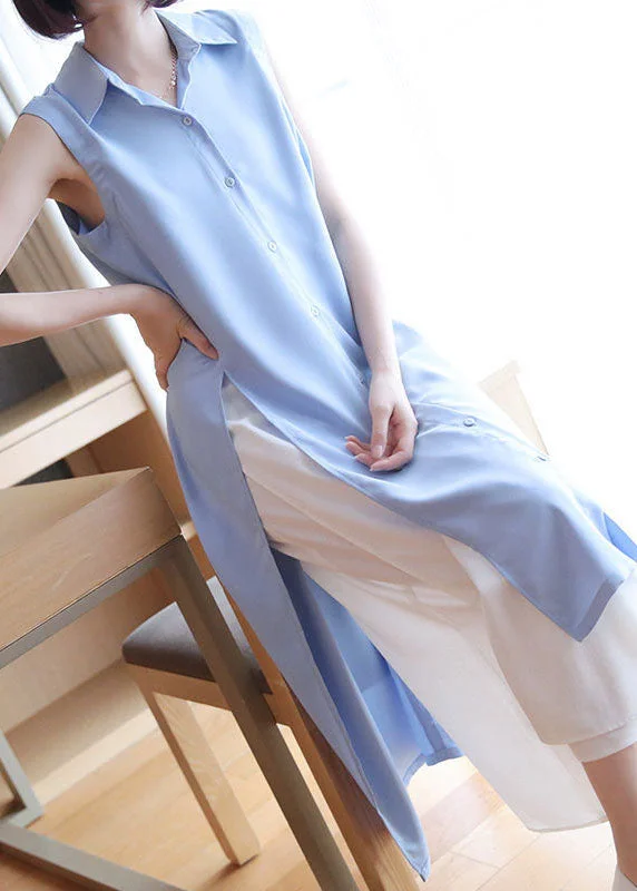 Embroidered women's topsOrganic Light Blue Oversized Side Open Chiffon Long Shirts Summer