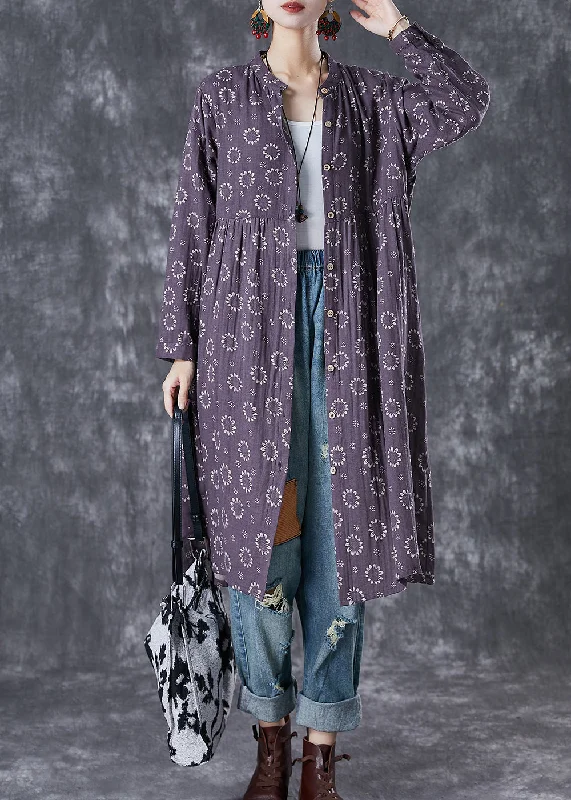 Fit-and-flare dresses for womenWomen Purple Print Button Down Cotton Dresses Fall