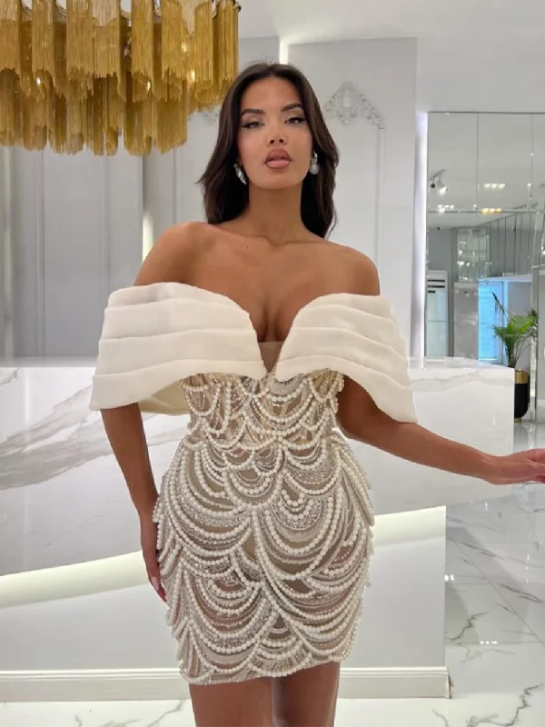 Long-sleeved dresses for womenOff Shoulder Beaded Pearls Mini Bodycon Dress HT20830