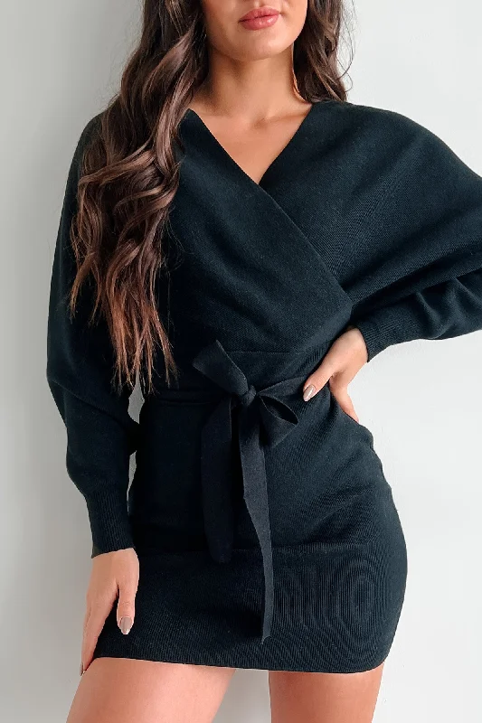 Tall women's sweaterMade Up My Mind Belted Surplice Sweater Dress (Black)