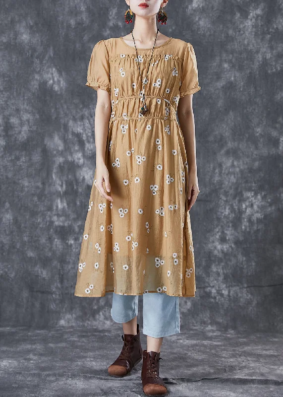 A-line dresses for womenVogue Khaki Puff Sleeve Patchwork Print Wrinkled Chiffon Dress Summer