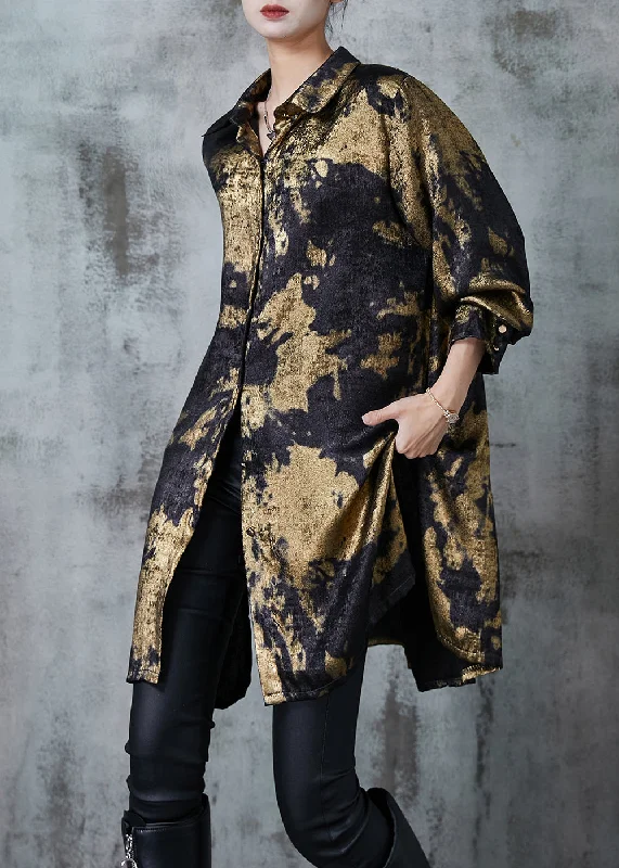 Crew neck women's topsGolden Tie Dye Silk Velour Long Shirts Oversized Fall