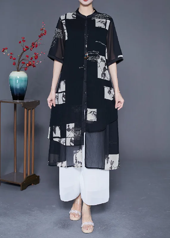 Vintage-inspired dresses for retro fashion loversModern Black Asymmetrical Patchwork Print Chiffon Shirt Dress Summer
