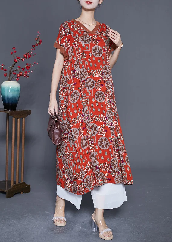 Flutter sleeve dresses for womenBohemian Red O-Neck Print Cotton Long Dress Summer