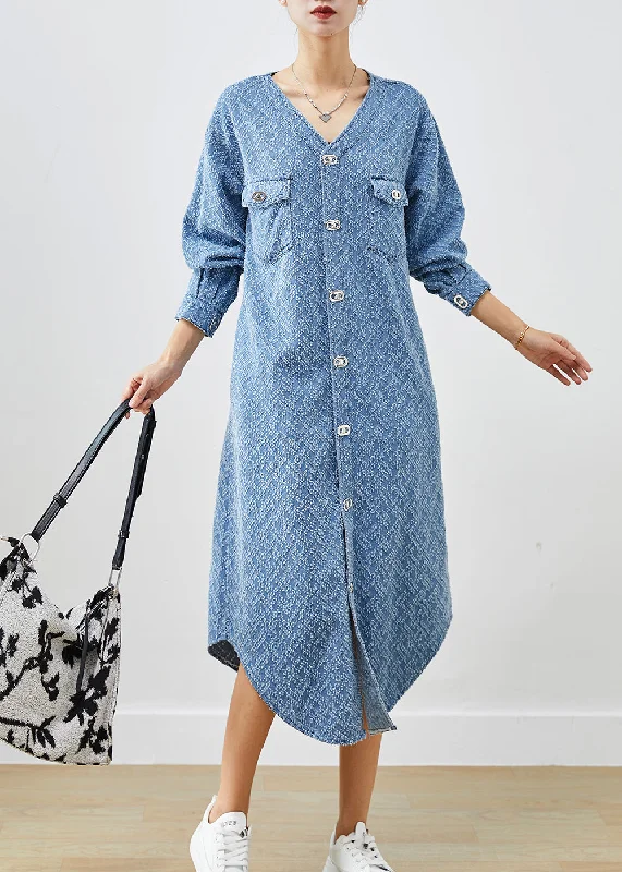 Denim dresses for womenBohemian Denim Blue V Neck Cotton Long Dress Fall